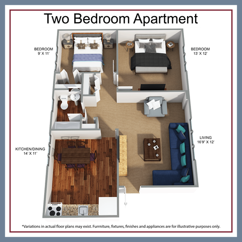 Floor plan for 2 beds, 1 bath, 820 sqft